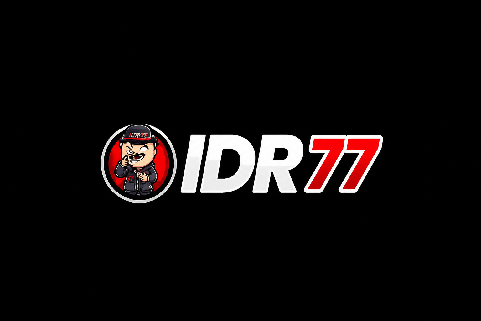 IDR77: badge bundar, teks IDR putih dan 77 merah di hitam.